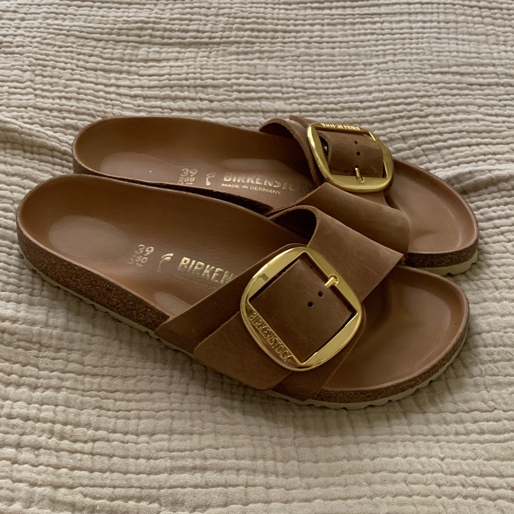 Birkenstock Madrid Single-Strap Brown Leather Slide with Gold Buckle